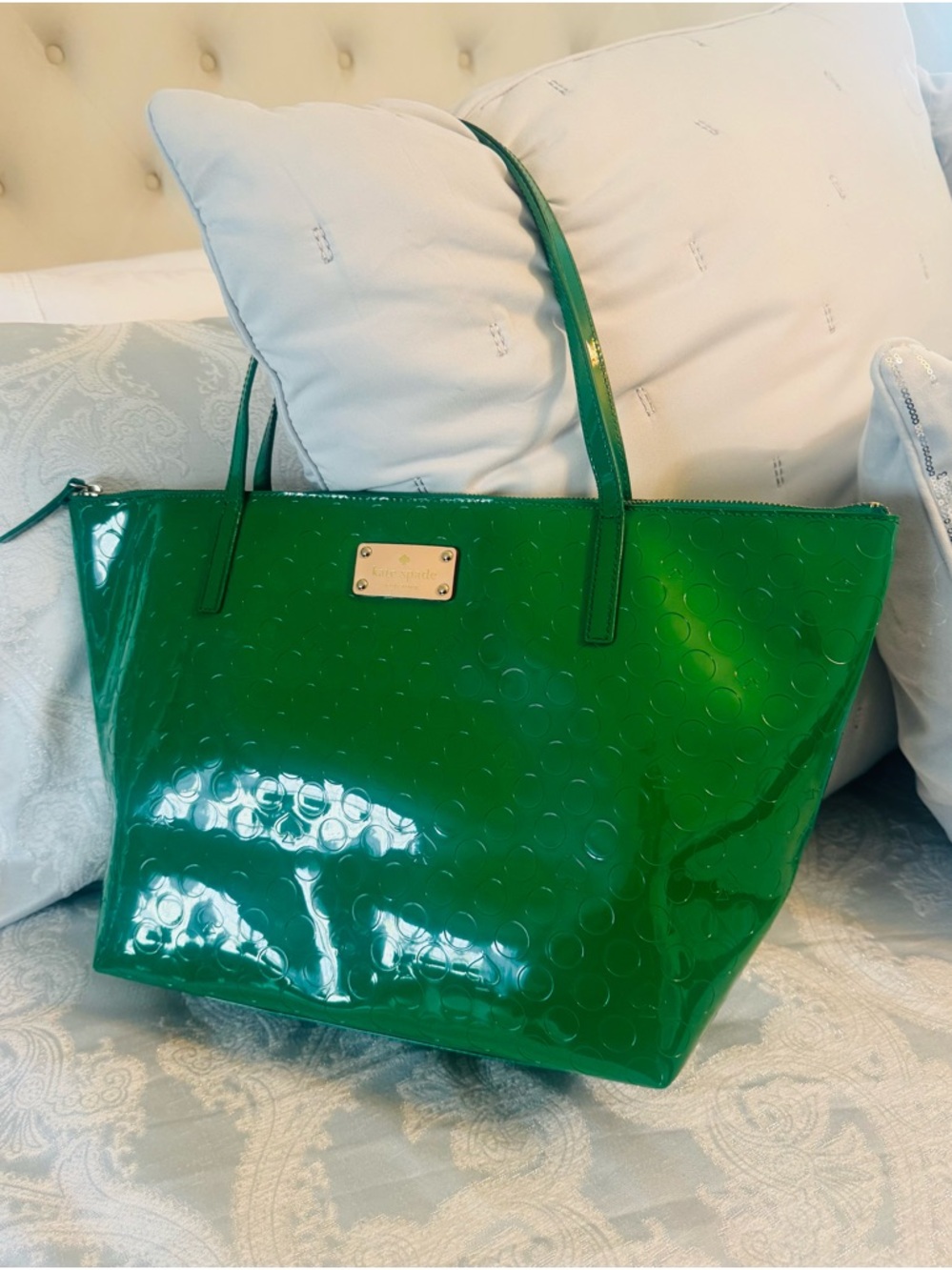 kate spade Green Patent Embossed Tote with Gold Plaque
